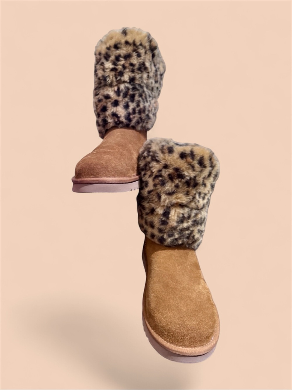 UGG Koolaburra Tan Suede Ankle Boots with Leopard Faux-Fur Cuff